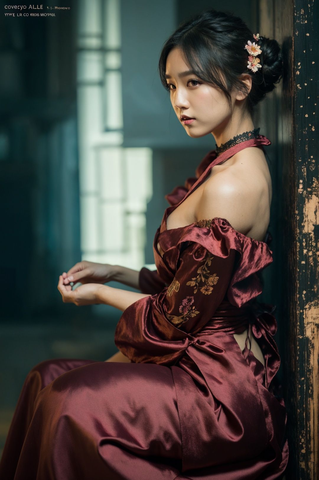 (art by Alessio Albi),(masterpiece, top quality, best quality, official art, beautiful and aesthetic:1.2),Best quality,HD photos,slr,4k,8k,ultra high res,hyperdetailed,(soft light),(golden hour:0.9),(high detailed skin:1.2),Rich in detail,fantastic scene,extremely rich background,(exposure blend:0.6),rossdraws global illumination,(cover art style:1.4),1man,body art man wrapped,front view body photography model full,fabric folds statue,2d game fanart behance hd by Jesper Ejsing,religious vaporwave decora inspired illustrations,high definition,extreme detail skin,plush decoration,extreme temptation,Clear eyes,asians,korean idol,cotton and linen fabric,handmade fabric,handmade art,skirt,rich expression,smile,Flowers,dark tone high contrast dramatic light environment,fine and beautiful props,beautiful environment layout,Be seated