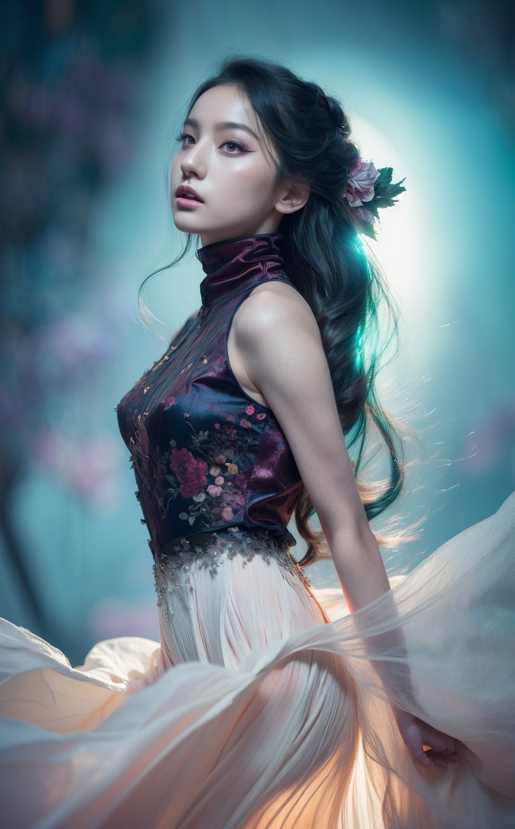 (art by Anna Dittman:1.2)(art by Alessio Albi:1.2),(masterpiece, top quality, best quality, official art, beautiful and aesthetic:1.2),Fine handmade fabric,Dramatic light,cover art body art future girl,1girl,16yo,Korean Idol,Dynamic Dance,Sexy Clothing,The background is the Alps.,