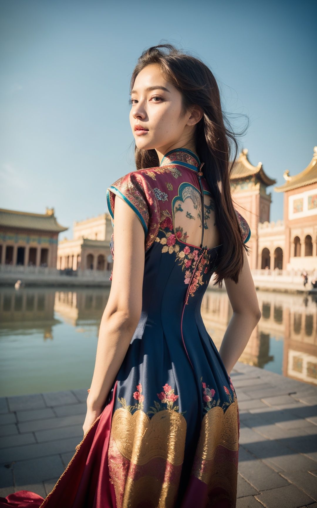 (art by Anna Dittman:1)(art by Alessio Albi:1.2),(masterpiece, top quality, best quality, official art, beautiful and aesthetic:1.2),Fine handmade fabric,Dramatic light,cover art body art future girl,A shallow smile,1girl,16yo, Korean Idol, Dynamic Dance, Sexy Clothing,China's Forbidden City is in the background,cheongsam