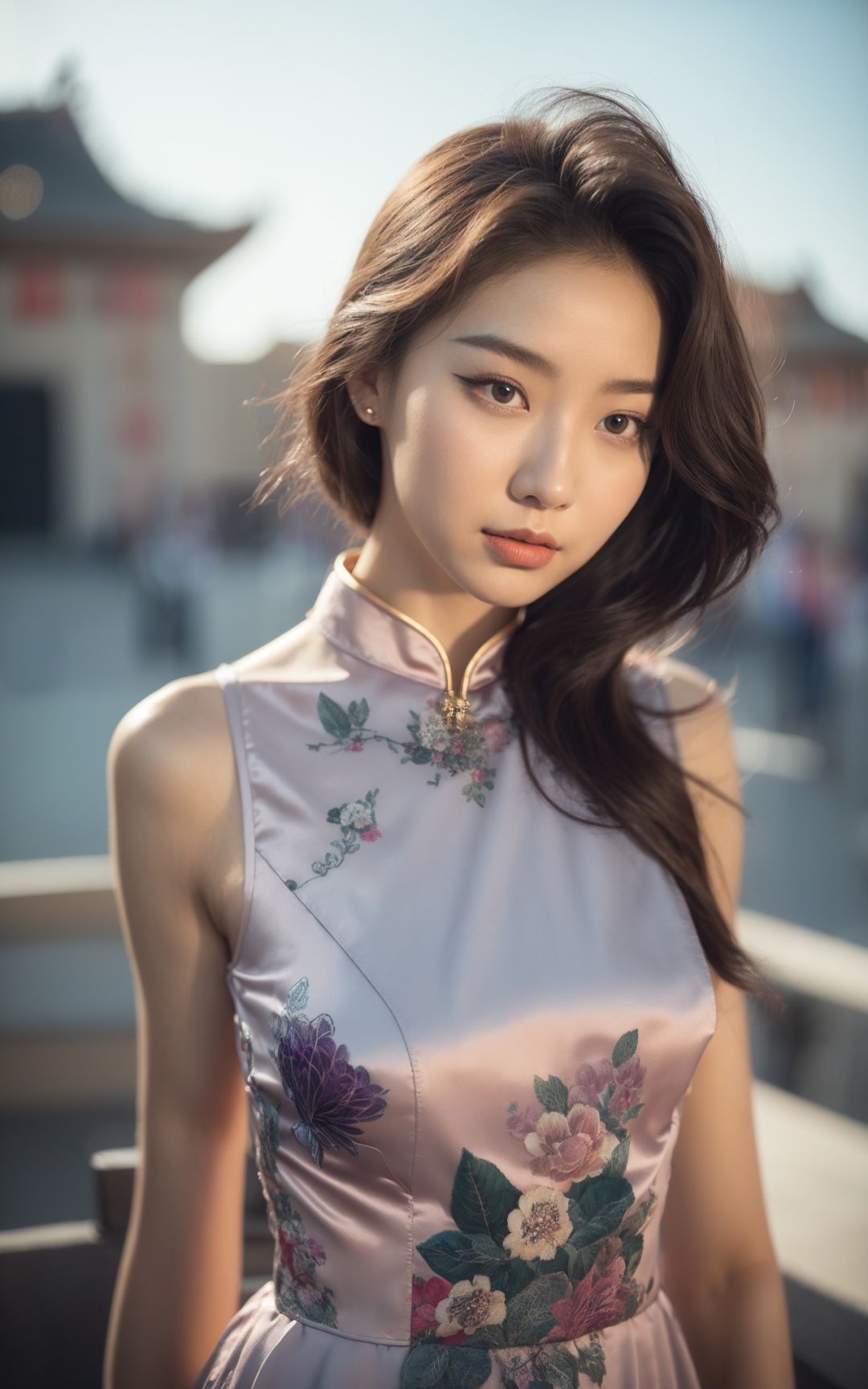 (art by Anna Dittman:1)(art by Alessio Albi:1.2),(masterpiece, top quality, best quality, official art, beautiful and aesthetic:1.2),Fine handmade fabric,Dramatic light,cover art body art future girl,A shallow smile,1girl,16yo, Korean Idol, Dynamic Dance, Sexy Clothing,China's Forbidden City is in the background,cheongsam