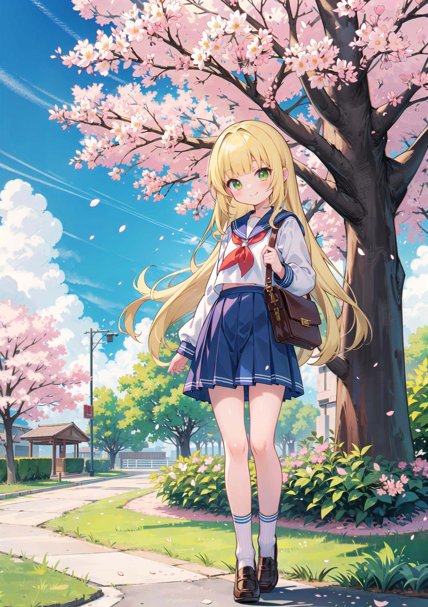 cute little girl standing in front of the school gate,  blonde hair,  green eyes on Tensor.Art