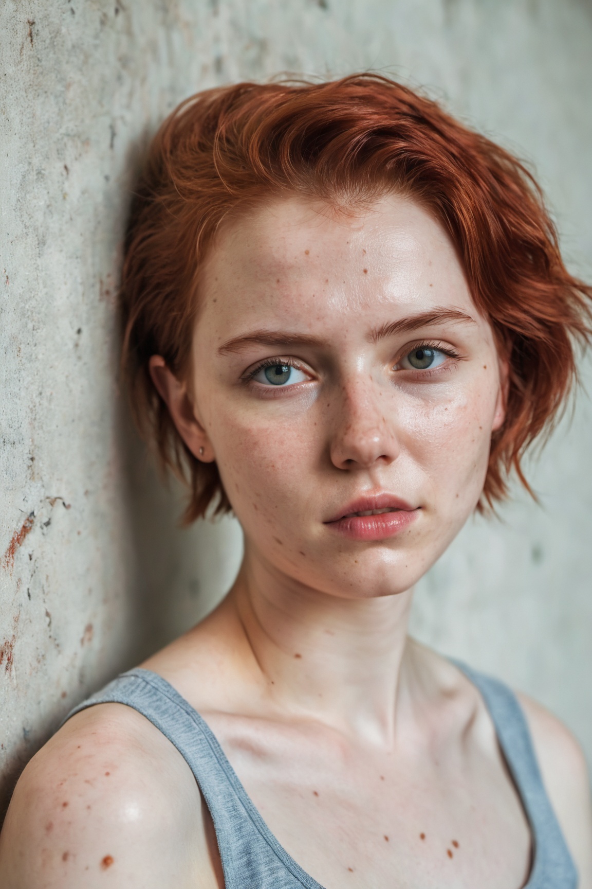 raw portraint photo of a beautiful cute 20yo woman leaning on a wall,  skin moles,  detailed skin on Tensor.Art