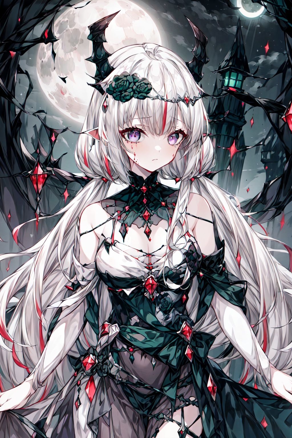 1girl,solo,short hair, grey eyes, horns,white hair,multicolored hair,((Masterpiece :1.4, best quality))++, (Super Detail)+, (Fine detail Kawaii best quality), (Best quality, Masterpiece :1.3), (Super Detail, Extremely Detailed and Beautiful :1.2), Fine resolution, (Fantasy Medieval Times :1.2), Lovely Girl, (solo:1.3), large breasts, Princess dress, Queen's crown :1.5, novel, (Gothic Lolita), ribbon, necklace, (Turn pale, sad, afraid, shut your mouth :1.2), (Dark night and sky, Green moonlight top :1.5), there is a moon in the sky. Red tears, exposed shoulders, (violet eyes :1.4). Green moonlight top :1.5), there is a moon in the sky
Halloween background, landscape, Christmas tree, jack-o '-lantern, tears, blood, crying, long hair down to waist