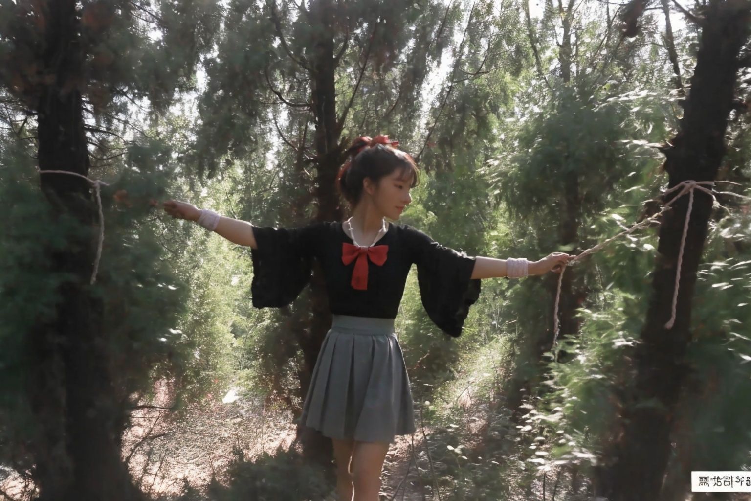  HDR, UHD, 8K, A real person, Highly detailed, best quality, masterpiece, bound,Bind your wrists, 1girl, path, detached_sleeves, tree_shade, on_grass, dappled_sunlight, hair_bow, bow, plant, field, skirt,sunyunzhu