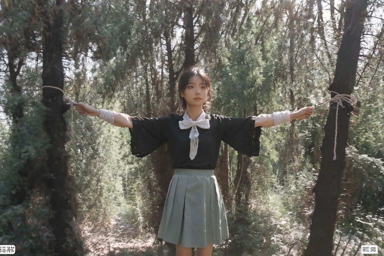  HDR, UHD, 8K, A real person, Highly detailed, best quality, masterpiece, bound,Bind your wrists, 1girl, path, detached_sleeves, tree_shade, on_grass, dappled_sunlight, hair_bow, bow, plant, field, skirt,sunyunzhu