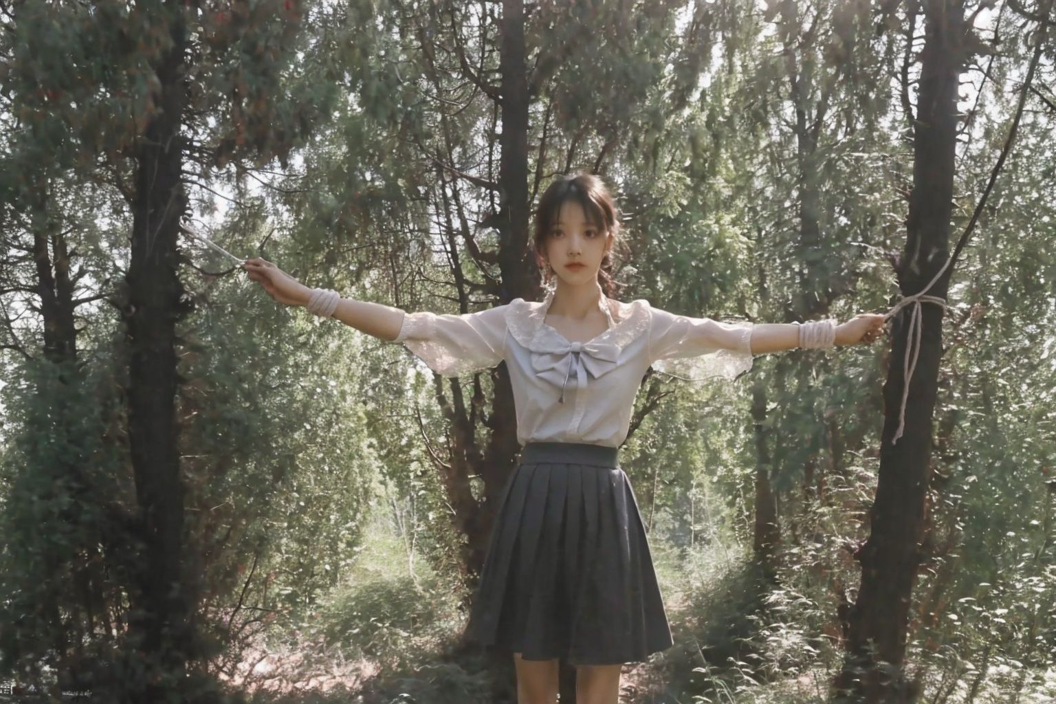  HDR, UHD, 8K, A real person, Highly detailed, best quality, masterpiece, bound,Bind your wrists, 1girl, path, detached_sleeves, tree_shade, on_grass, dappled_sunlight, hair_bow, bow, plant, field, skirt,sunyunzhu