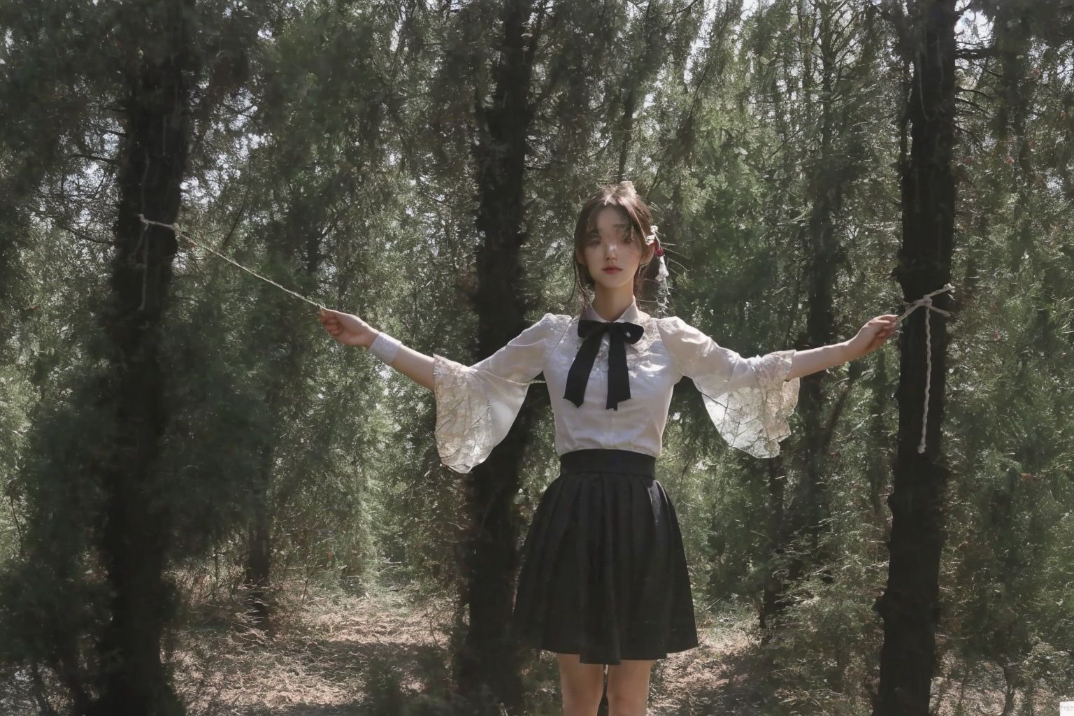  HDR, UHD, 8K, A real person, Highly detailed, best quality, masterpiece, bound,Bind your wrists, 1girl, path, detached_sleeves, tree_shade, on_grass, dappled_sunlight, hair_bow, bow, plant, field, skirt,sunyunzhu