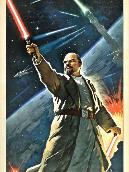 soviet poster,  Jedi Master Lenin rises lightsaber in space on Tensor.Art