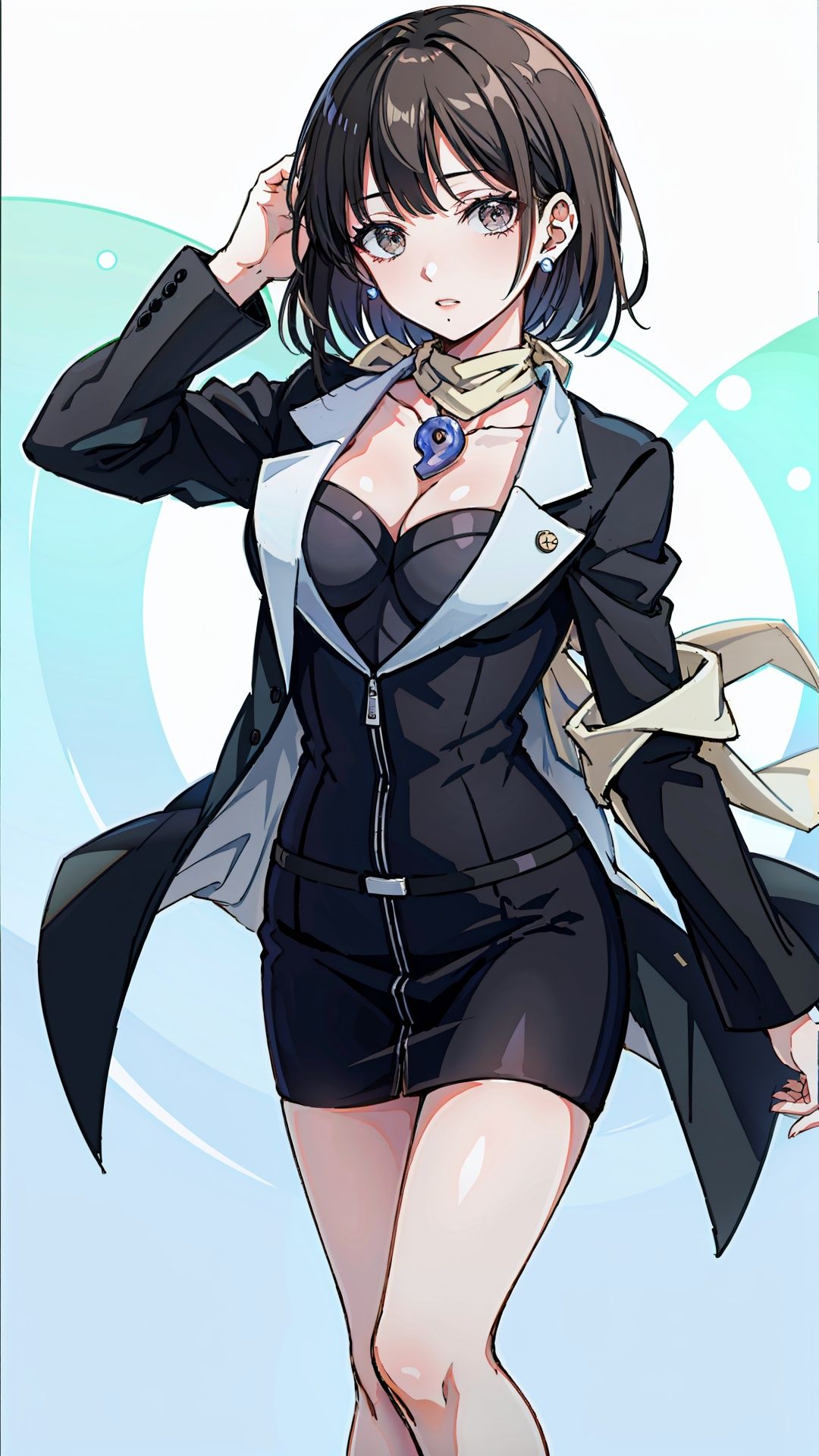 formal, jacket, pencil skirt, scarf, magatama necklace, earrings, cleavage
