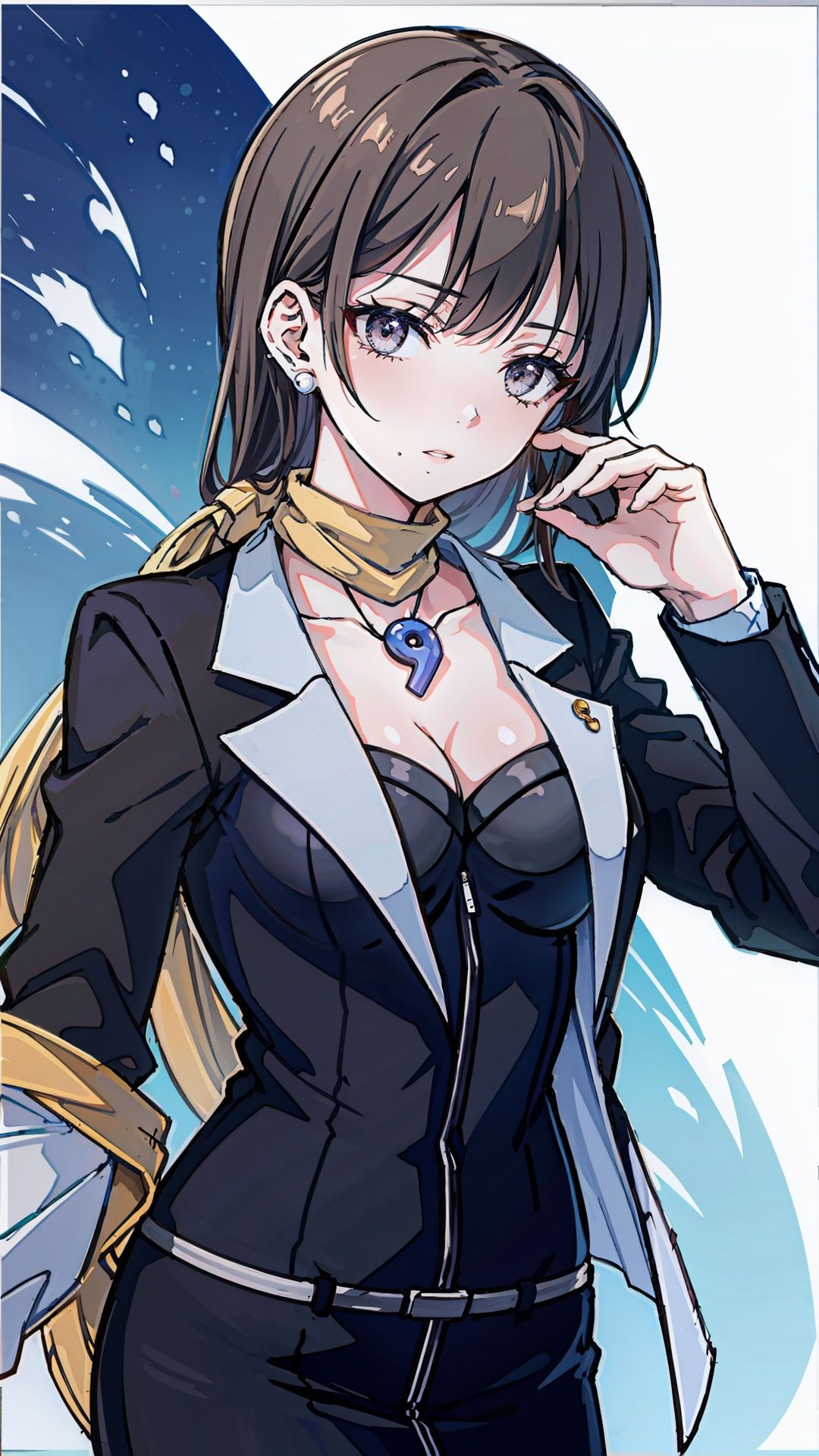 formal, jacket, pencil skirt, scarf, magatama necklace, earrings, cleavage