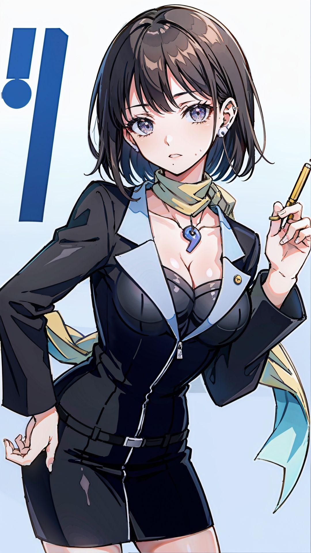 formal, jacket, pencil skirt, scarf, magatama necklace, earrings, cleavage