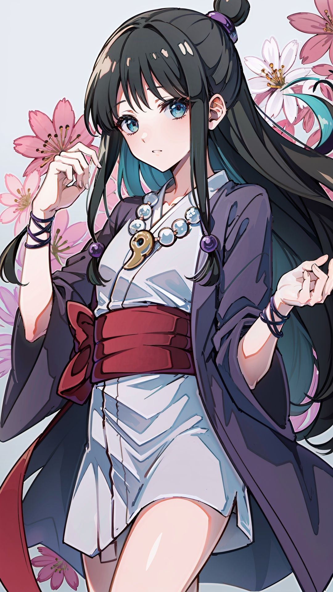 maya fey, half updo, hair ornament, japanese clothes, kimono, sash, necklace, magatama
