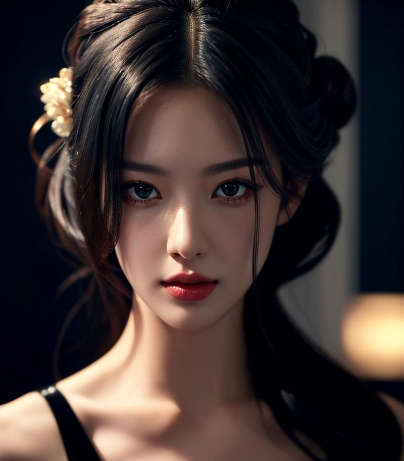 ((solo)),(black hair),long hair,extremely delicate and beautiful,((beauty detailed eye)),highly detailed,cinematic lighting,((beautiful face)),cinematic highlight hair,(best quality),((masterpiece)),original,1girl,large breasts,updo,realistic,<lora:12515:0.8>,