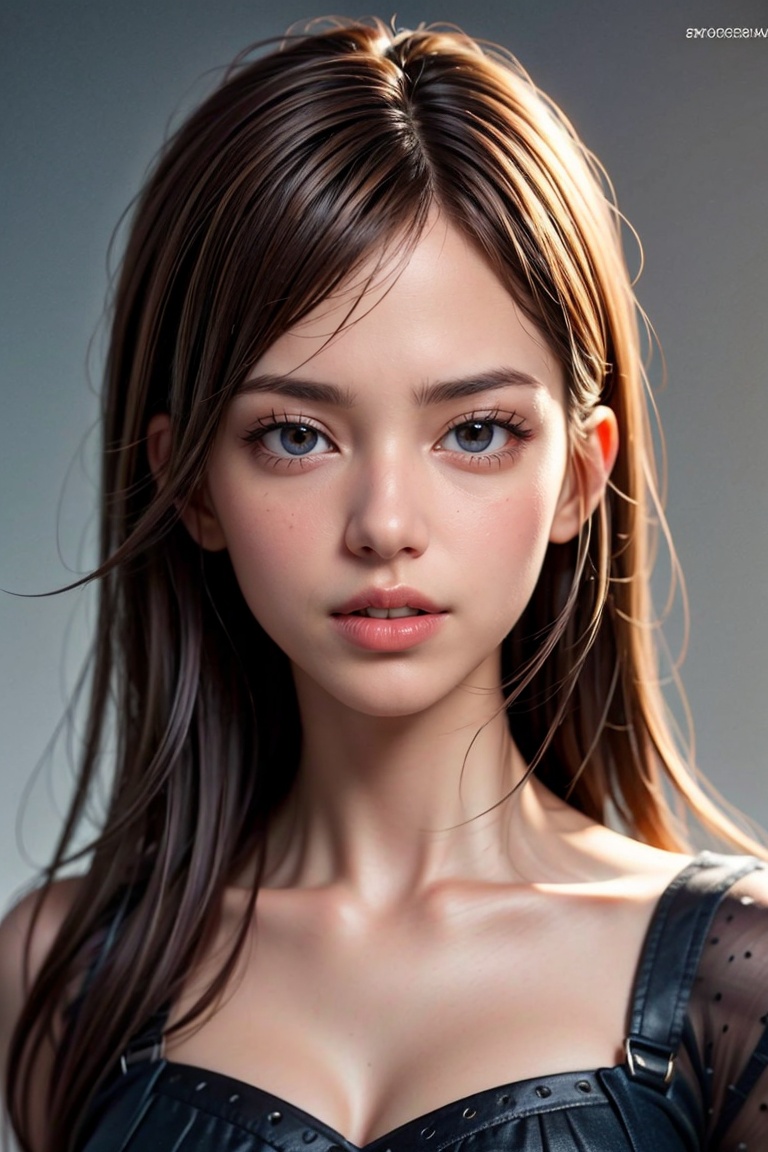 Generate hyper realistic image of a beautiful woman looking directly at the viewer. Her brown hair frames her face,  and h...