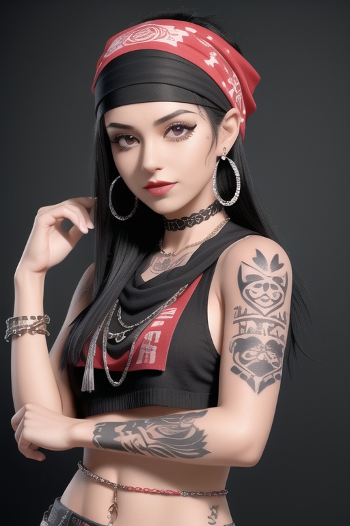 woman with black hair wearing a bandana and a hat,  bandana,  black bandana mask on Tensor.Art