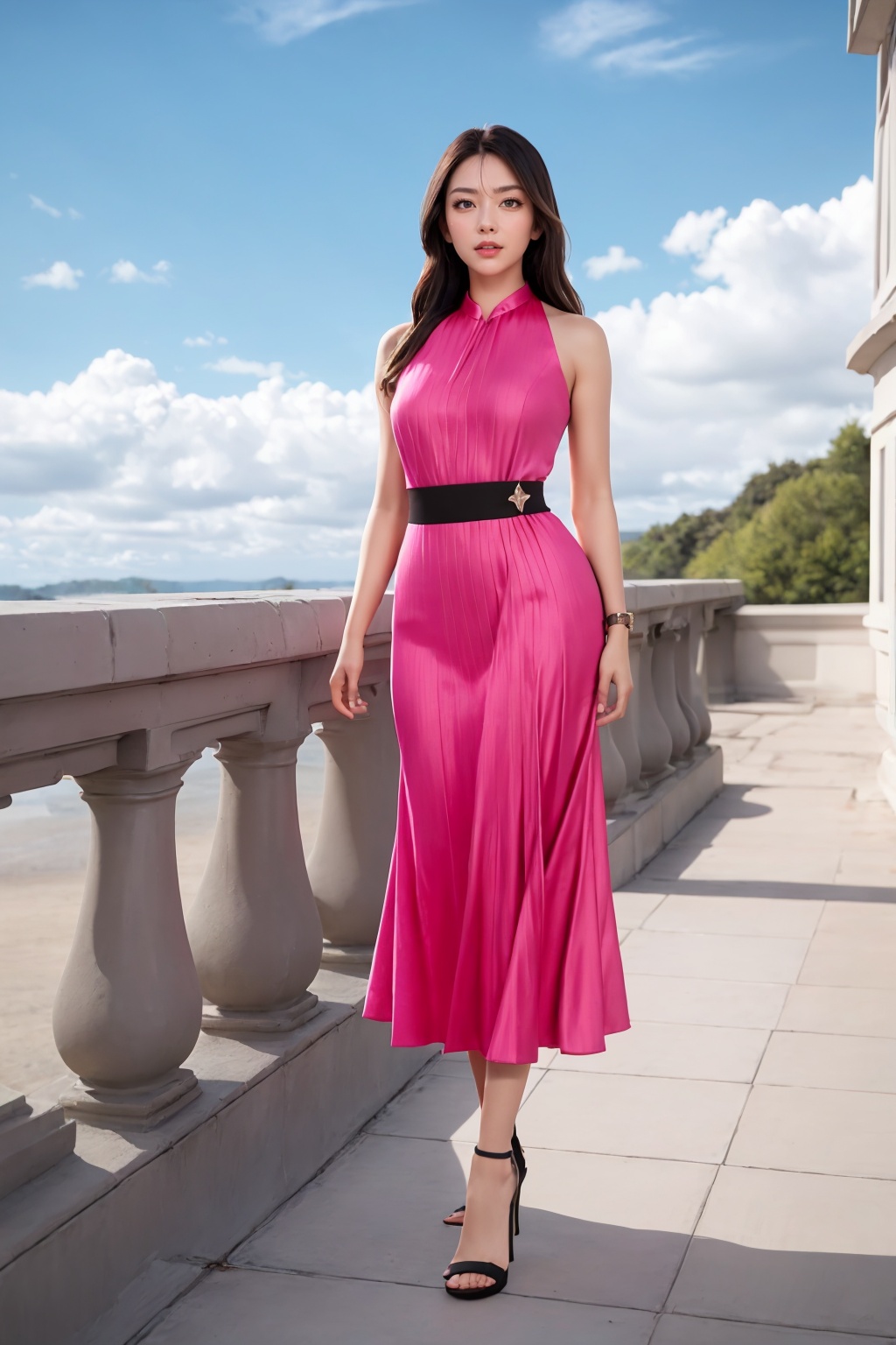 ((Full-Body Shot)),  long shot scenic professional photograph in corporate style. 1female hot model,  wearing ((black-pink...