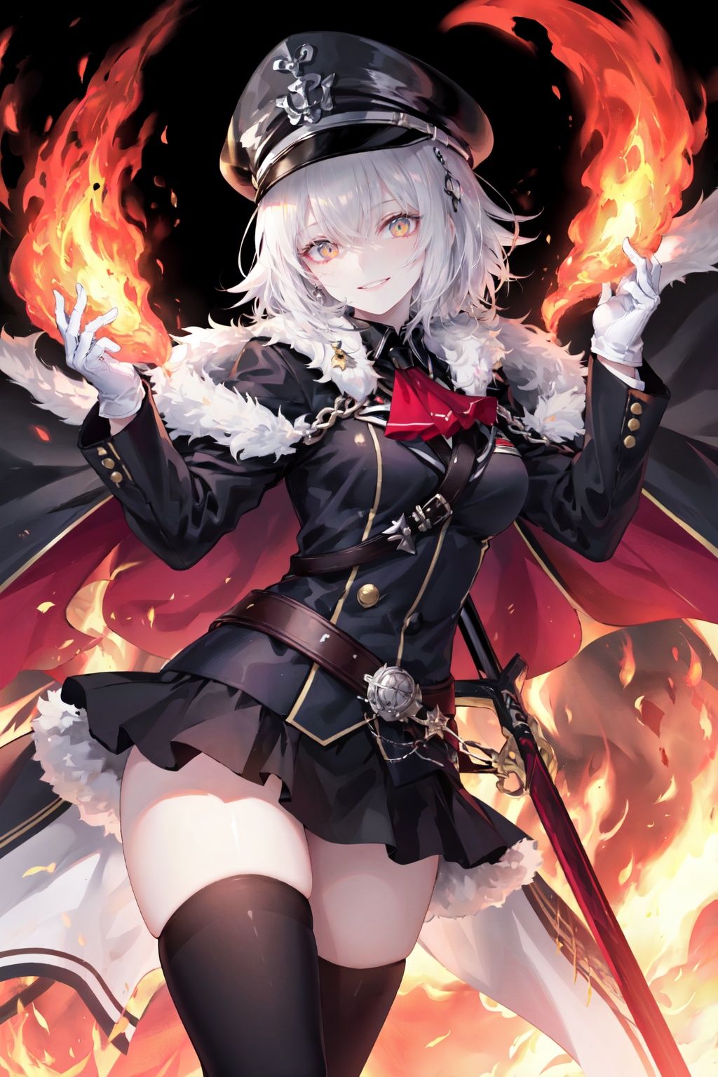 jeanne d'arc alter \(fate\), 1girl, jeanne d'arc alter \(avenger\) \(fate\), thighhighs, hat, solo, peaked cap, yellow eyes, smile, looking at viewer, skirt, military uniform, gloves, bangs, military, black thighhighs, pale skin, fur trim, white gloves, short hair, uniform, cape, fire, jacket, ascot, grin, military hat, zettai ryouiki, fur collar, fur-trimmed cape, long sleeves, signature, breasts, black skirt, white hair, black headwear, black cape, belt, thighs, black jacket, holding, military jacket, hair between eyes, parted lips<lora:kousakhdLycoris:0.5>,