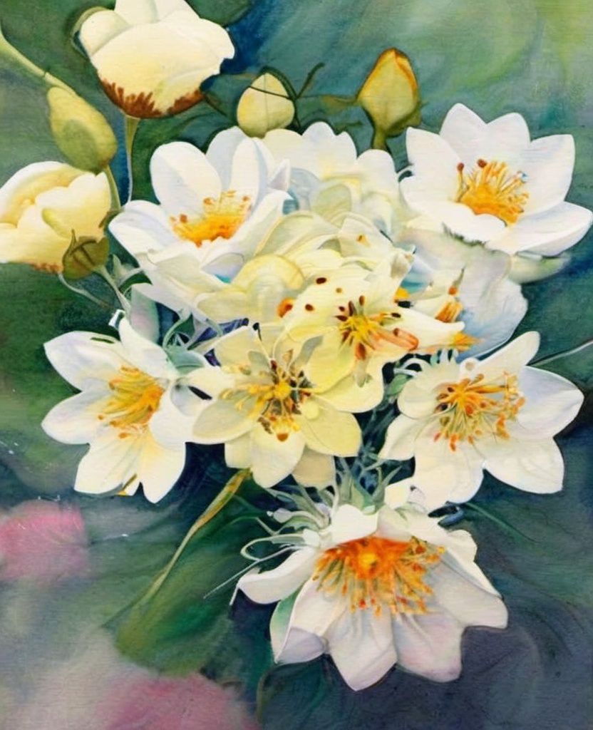shuicai,1girl,flower, <lora:水彩风格_花卉XL:1>, masterpiece, best quality,