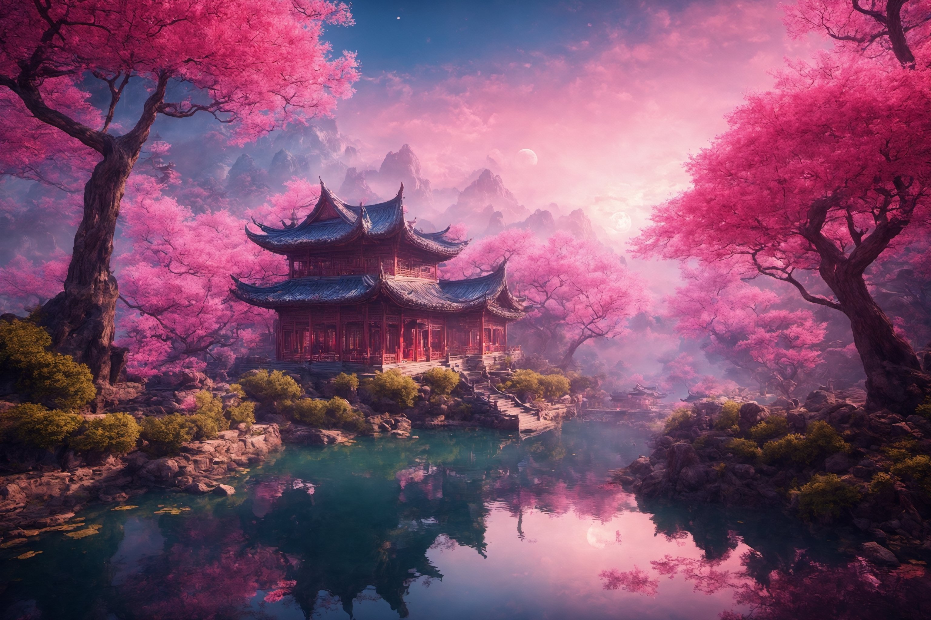 Pink moon,  （low-contrast）,  A masterpiece in colorful fantasy style on Tensor.Art