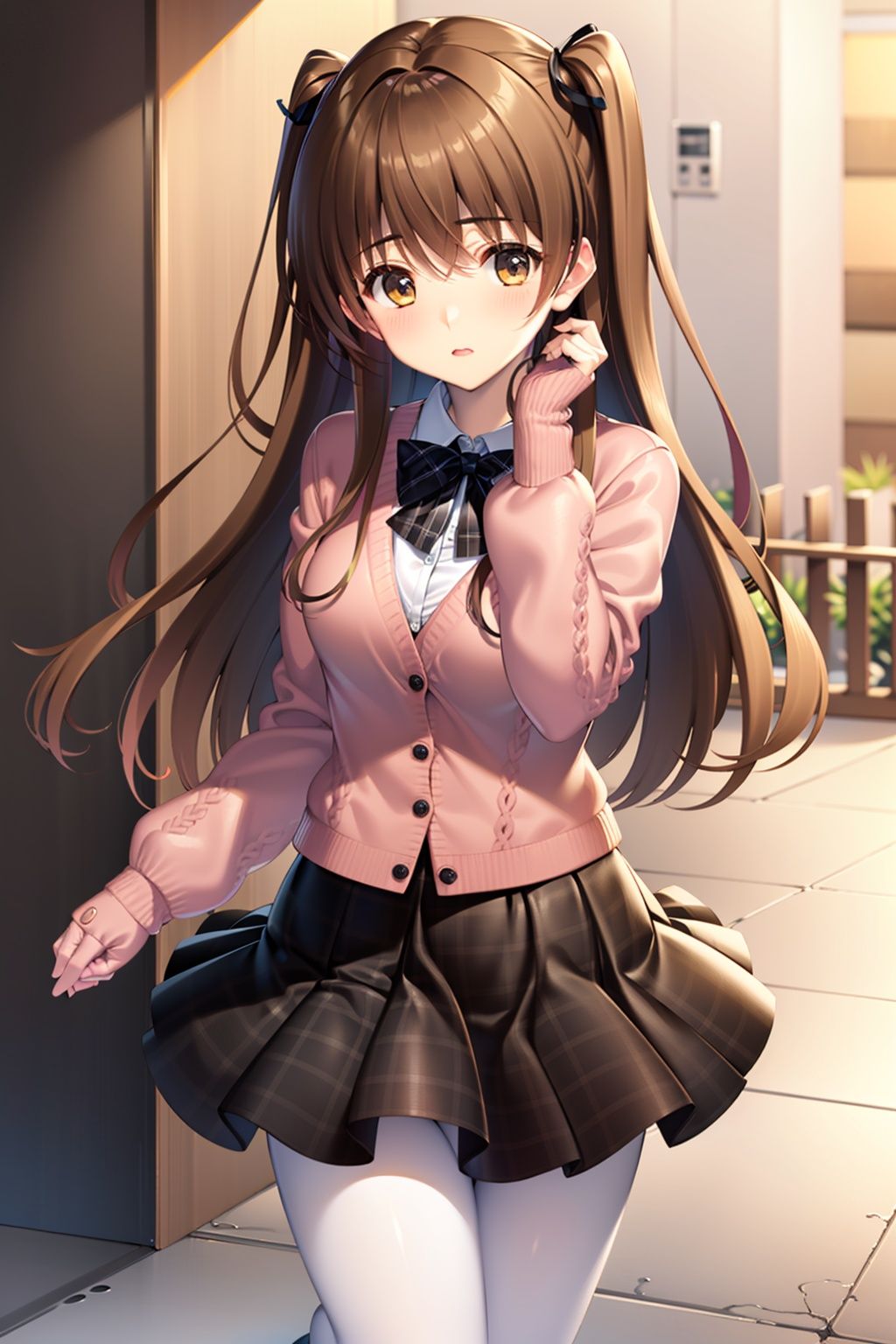  masterpiece,(best quality),white background,
,1girl,full body,
(ogisosetsuna), ((ogisosetsuna_pink)), brown_hair, brown_eyes, hair_ribbon, ((pink cardigan)), (white_shirt), black_pantyhose, black_skirt
((,white thighhgihs,)),
looking_at_viewer,