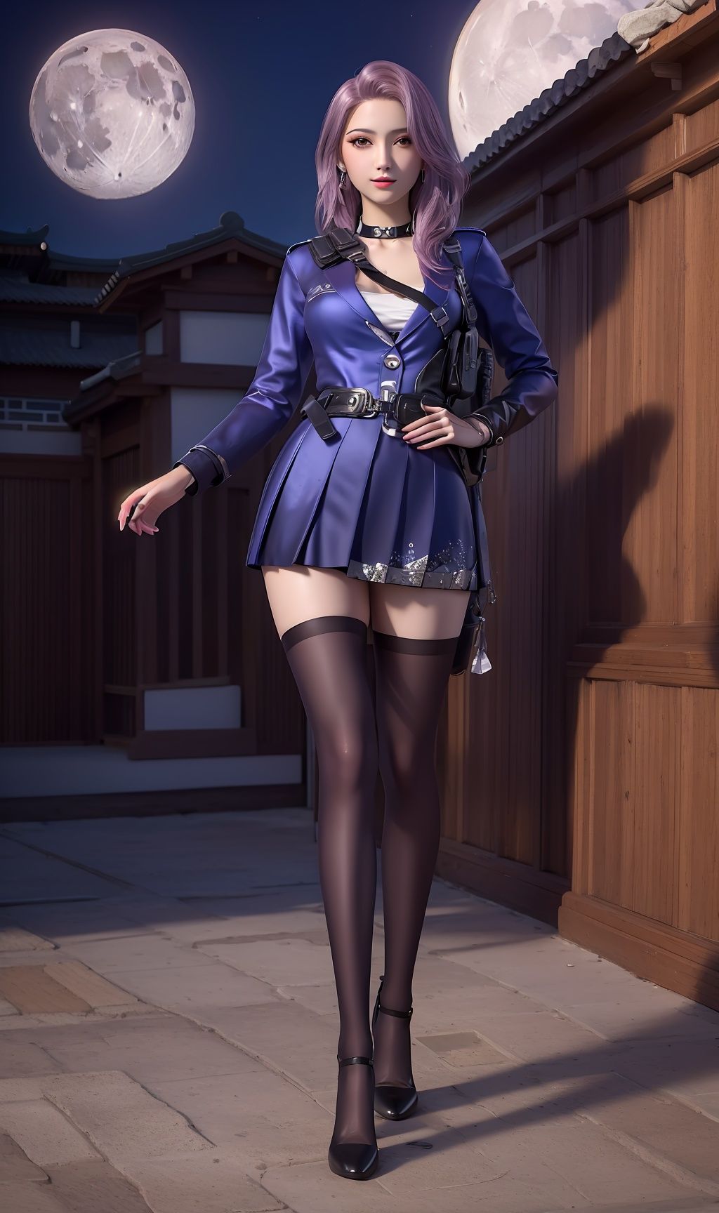 masterpiece,(best quality),(3d)official art, extremely detailed cg 8k wallpaper,((crystalstexture skin)), (extremely delicate and beautiful),highly detailed,Facing the camera,Photogrammetry,（1girl,solo,Hair ,dress,chinese clothes,china clothes,skirt,)((looking_at_viewer)), ( medium breasts),(standing), (upper body),(Long-legged socks),Purple stockings,(Outdoor, night,moon),<lora:hipoly3DModelLora_v10:0.3>