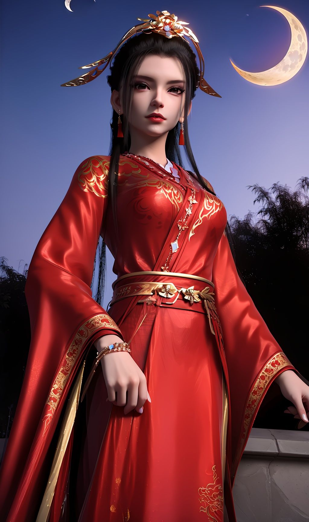masterpiece,(best quality),(3d)official art, extremely detailed cg 8k wallpaper,((crystalstexture skin)), (extremely delicate and beautiful),highly detailed,（1girl,solo,Hair, headwear,,hairstyles, jewelry, necklaces, bracelets, ,red dress,chinese clothes,china clothes,skirt)((looking_at_viewer)), ( medium breasts),(standing), (upper body),(Outdoor, night,moon),<lora:hipoly3DModelLora_v10:0.3>