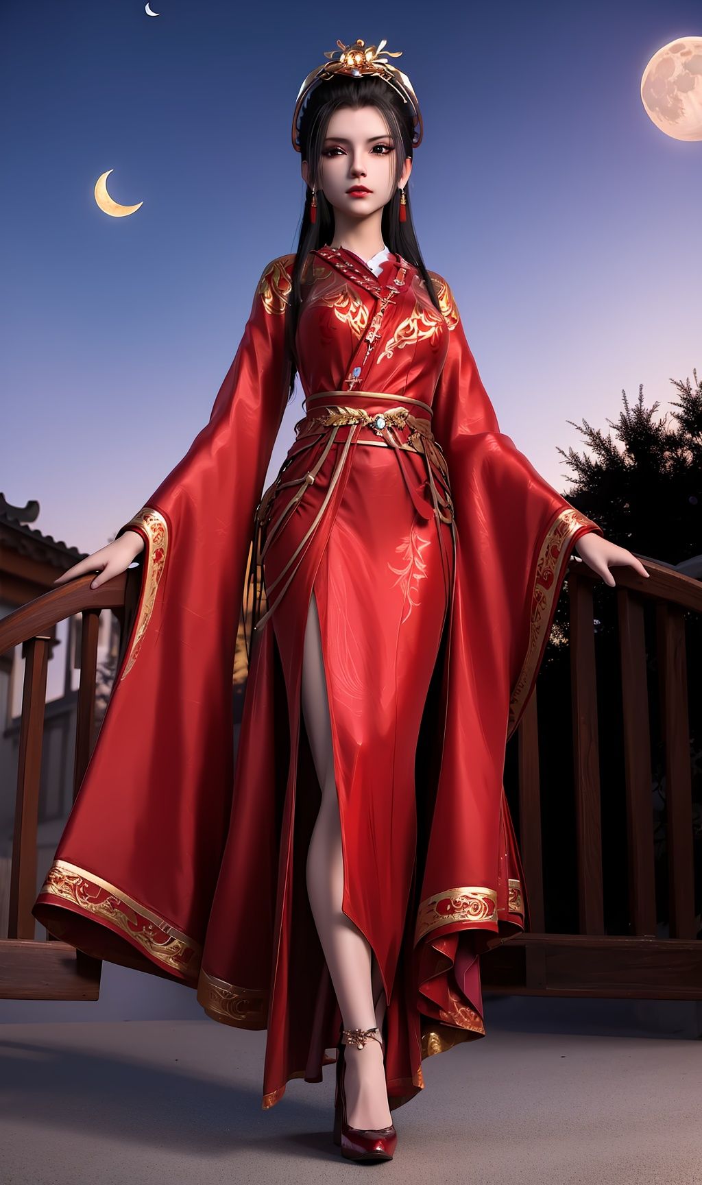 masterpiece,(best quality),(3d)official art, extremely detailed cg 8k wallpaper,((crystalstexture skin)), (extremely delicate and beautiful),highly detailed,（1girl,solo,Hair, headwear,,hairstyles, jewelry, necklaces, bracelets, ,red dress,chinese clothes,china clothes,skirt)((looking_at_viewer)), ( medium breasts),(standing), (full body),(Outdoor, night,moon),<lora:hipoly3DModelLora_v10:0.3>