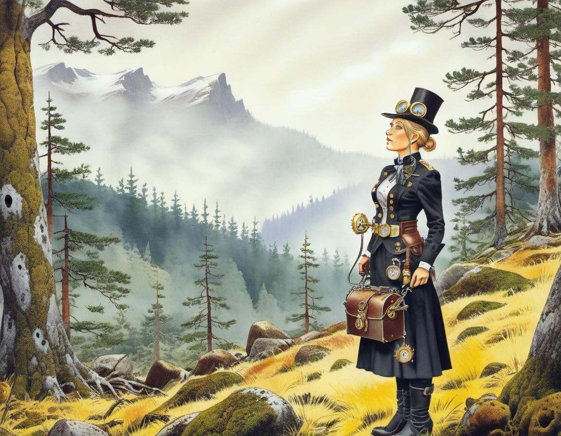 a Swedish woman steampunk, standing in Montane Forest detailed, sub surface scattering, sharp focus <lora:OldillXL_0.4_RC:0.7>