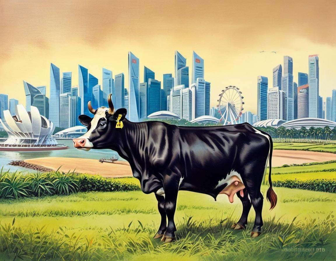 a Cow wearing leather jacket, Singapore in the background at Early afternoon detailed, sub surface scattering, sharp focus <lora:OldillXL_0.4_RC:0.7>