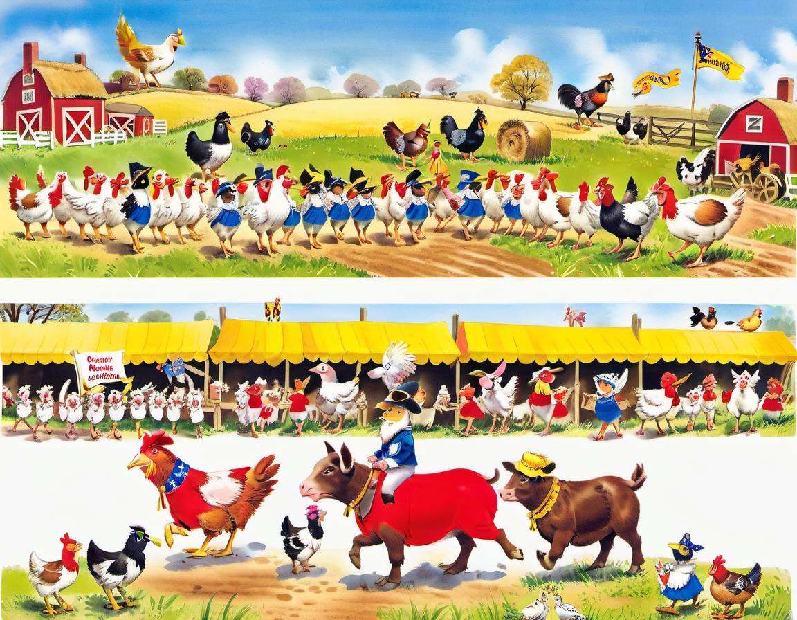 A Farmyard Parade, Chickens in Parade Gear, Sheep Parade Marshals, Pig Marching Band, Cow Flag Bearers, Duck Parade Grand Marshal, Goat Cheerleaders, Horse Parade Floats, Farm Animal Pageantry, Oink-tastic Celebration, Feathered Festivity detailed, sub surface scattering, sharp focus <lora:OldillXL_0.4_RC:0.7>