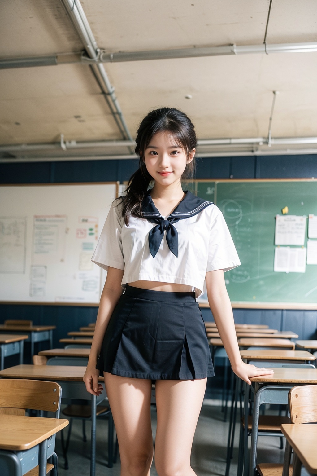 girl standing in school classroom,  sailor shirt,  micro mini skirt on Tensor.Art