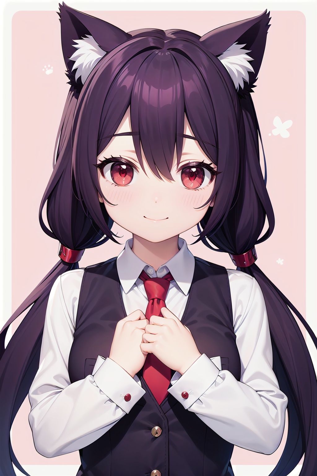 (red eyes:1.4), :), jk style, necktie, collared shirt, purple hair, upper body, vest, long hair, blush, looking at viewer, red necktie, long sleeves, 1girl, shirt, juliet sleeves, hand on own chest, purple vest, white shirt, solo, twintails, cat girl, cat ears