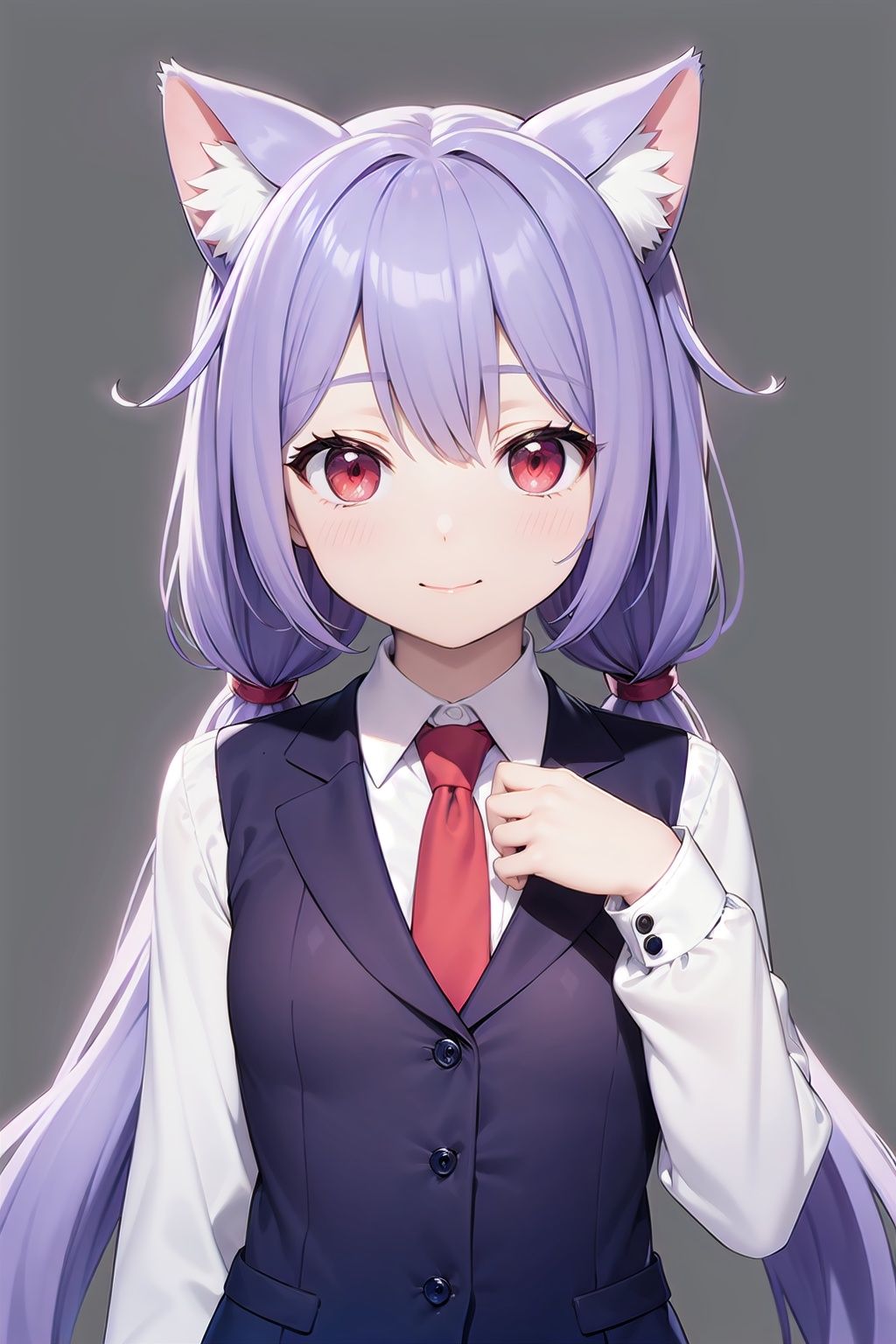 (red eyes:1.4), :), jk style, necktie, collared shirt, purple hair, upper body, vest, long hair, blush, looking at viewer, red necktie, long sleeves, 1girl, shirt, juliet sleeves, hand on own chest, purple vest, white shirt, solo, twintails, cat girl, cat ears