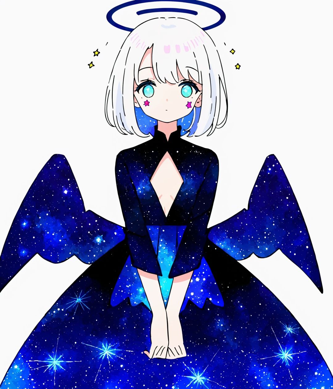 ((solo)),((cowboy shot)),(((a beautiful girl))),((small_breasts)),((looking at viewer)),(galaxy adorns colorful wings),(((starry_wings,galaxy_wings):1.5)),(Glowing line tattoos),(galaxy adorns colorful dress),(Glowing halo),(beautiful eyes),white hair,((white background:1.7)),((standding))
