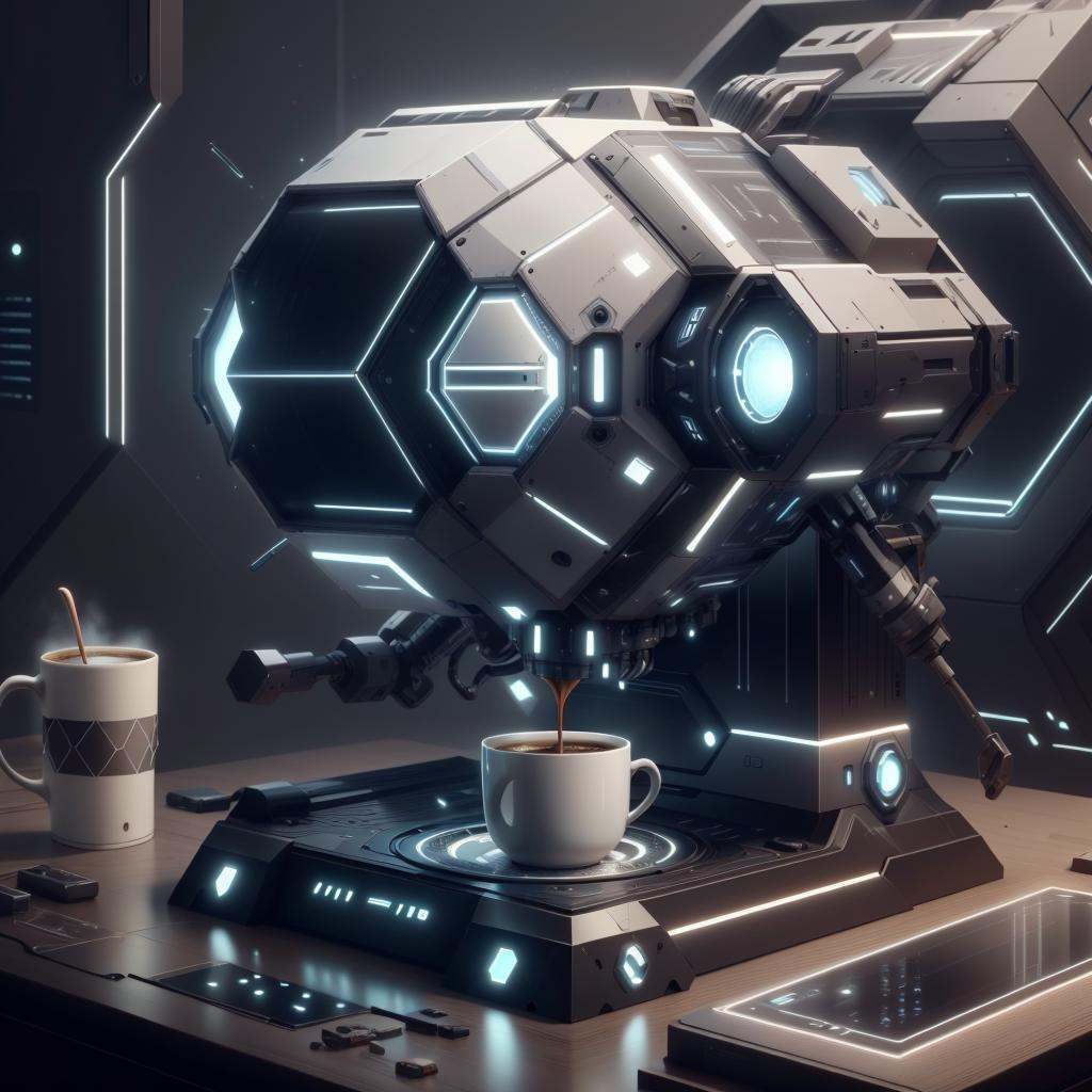 <lora:LEDarrayTech-20:0.8> , ledarraytech , scifi,   geometrical ,   tron, coffee machine