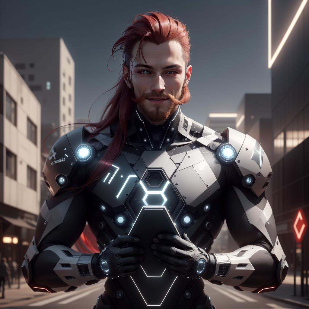 <lora:LEDarrayTech-20:0.8> , ledarraytech , scifi,   geometrical ,   tron, scroll, 1boy,long hair, red hair, glowing eyes, smile ,closed mouth, holding scroll,shaved beard, outdoors,