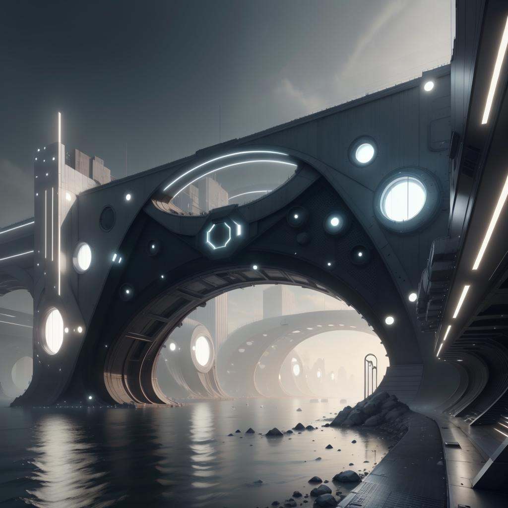 <lora:LEDarrayTech-20:0.8> , ledarraytech , scifi,   geometrical ,   tron, bridge, river