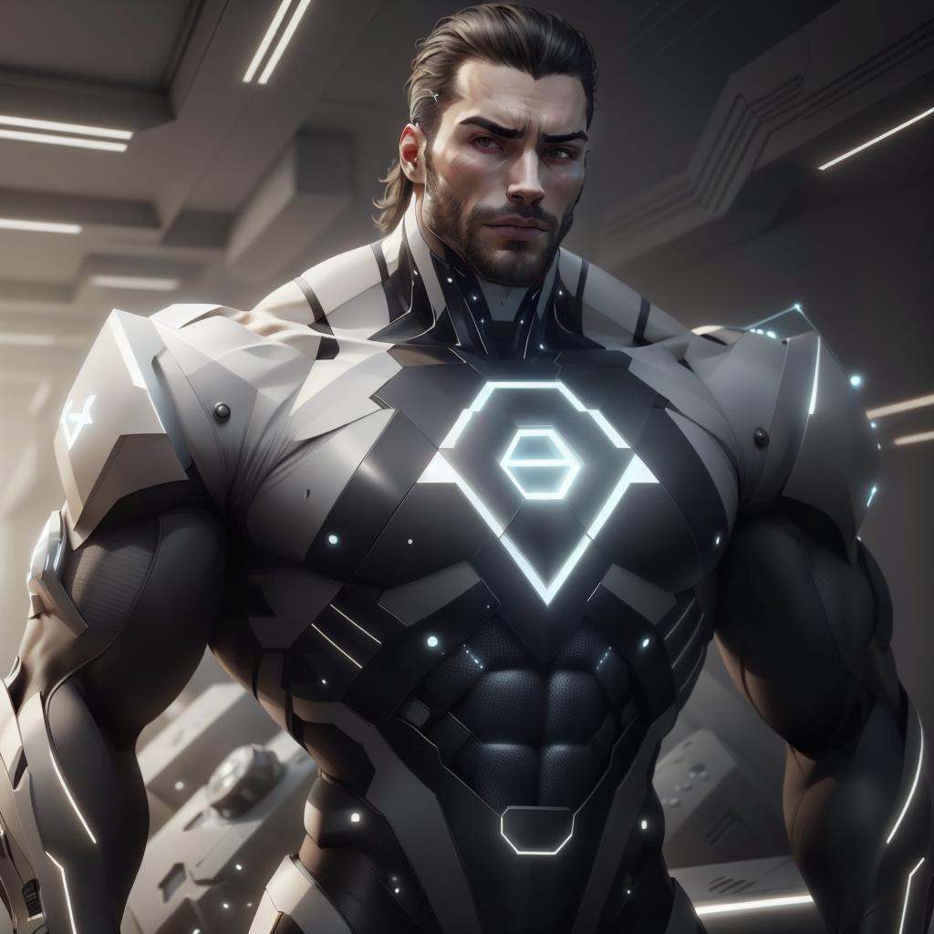 <lora:LEDarrayTech-20:0.8> , ledarraytech , scifi,   geometrical ,   tron,   man, <lora:Gigachadv1:0.5> gigachad, upper body,