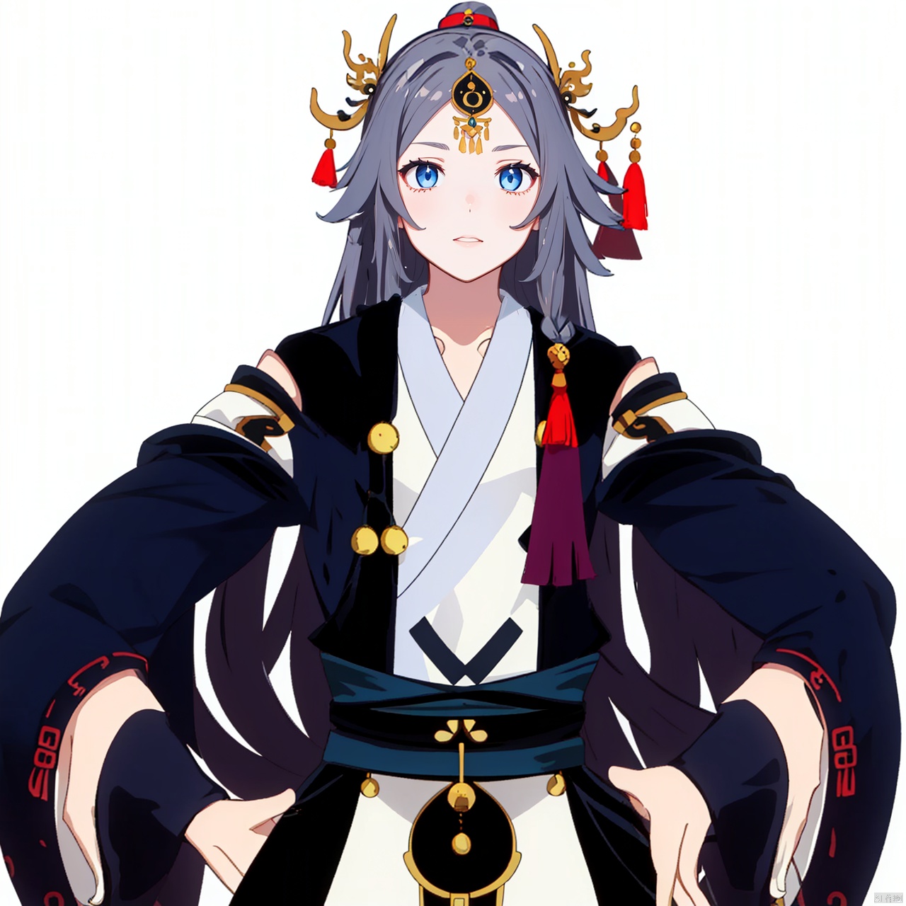  (masterpiece:1.3), (the best quality:1.2), (super fine illustrations:1.2), (Masterpiece), high quality, high detail,((white background:1.2)), looking at viewer, (SOLO:1.4),outline,,simple background, tiara, haori, braid, tassel, hair rings, forehead jewel, circlet, parted bangs, jingle bell,long sleeves, wide sleeves,ponytail,ornament,hair ornament,Grey hair,Chinese clothes,taoist robes, boots, long hair, blue eyes,grey hair, blue eyes, hair ornament, centre parting bangs, ponytail, taoist robes, chinese clothes, Anime