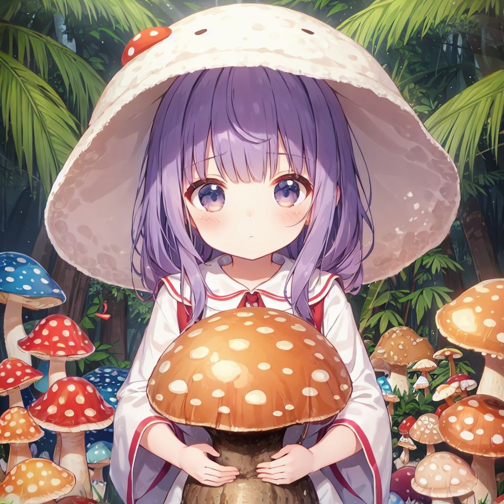 (1 loli:1.3), Forest after rain, Amazon rainforest, lots of tropical trees, palm trees, lots of giant mushrooms, lots of poison mushrooms, red and white spotted mushrooms, purple mushrooms, yellow mushrooms, white mushrooms, explosion mushrooms, charm mushrooms, fluorescent mushrooms(monsterification:1.3), (1 giant mushroom_girl, wearing Spotted dress, spotted mushroom hair), (spotted mushroom hat:1.2), (upper body), (cute face), beautiful eyes(detailed light), (extremely delicate and beautiful), volume light, best shadow, flash, Depth of field<lora:klfengjing-000006:0.8>