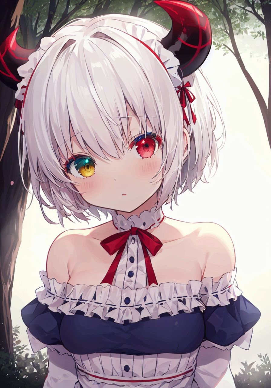 (detailed light), (an extremely delicate and beautiful), volume light, best shadow,cinematic lighting, flash, Depth of field, dynamic angle, Oily skin, (upper body)(solo:1.2),(short hair,white hair:1.3),((rem:0.7)+(miku:0.8)),has(2 red horns:1.2),(heterochromia<(red,blue)>),(black_white maid_outfit) (off shoulder) (frills:1.2),(in forest), <lora:klloli-000008:0.7>