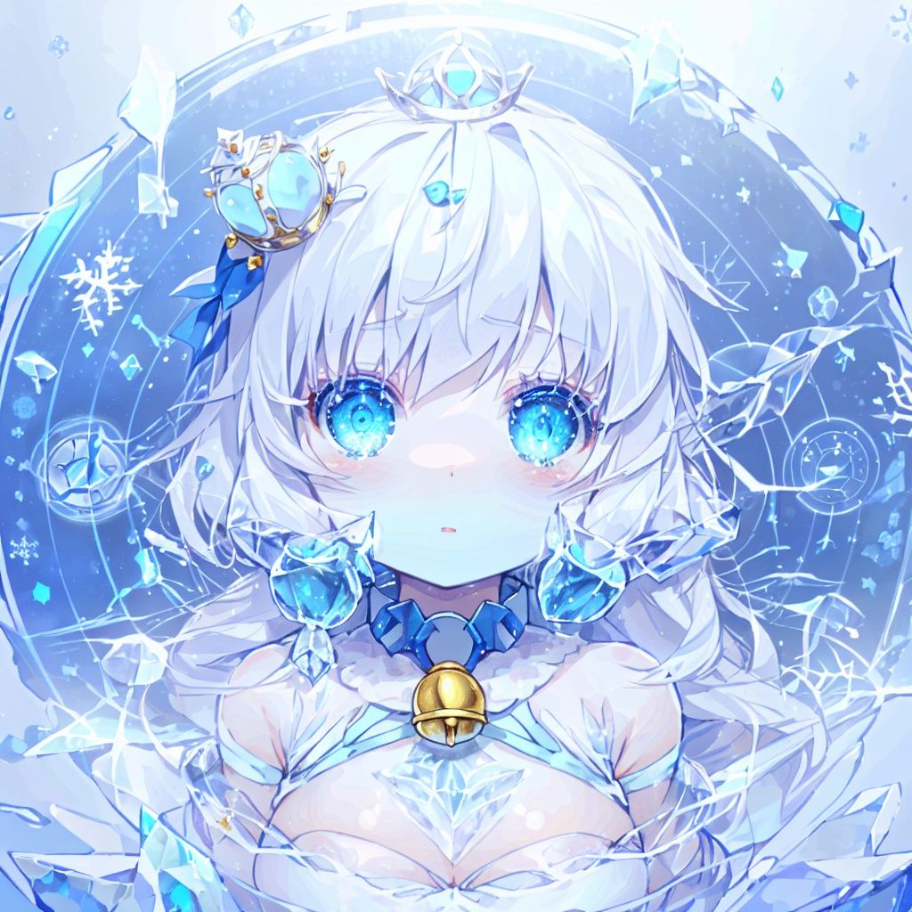 (detailed light), (an extremely delicate and beautiful), volume light, best shadow,cinematic lighting, flash, Depth of field, dynamic angle, (1 loli:1.2), (upper body), Oily skin,((ice-sculpture-loli)+(detailed eyes)+(detailed messy white ice-hair)+(Extremely delicate and beautiful ice-sculpture-loli)+(Ice-crystals-skin:1.4)+(detailed ice-Texture:1.4))+(Reflective snowflake-skin:1.3)+(blue bustier:1.35)+(Snowflakes on the skin:1.3)+(ice crystals on the skin:1.3)+(ice-snowflake-crown on head:1.25)+(snowflake)+(Cute anime face)+(bell collar:1.3)+(Medium breasts:1.2)+(Extremely delicate and beautiful)+(Flowing-ice:1.3),upper body,(complexity),((detailed blue-fire-magic-circle background:1.3)+(Snowflake-concentric-circles:1.3)) <lora:klloli-000008:0.8>