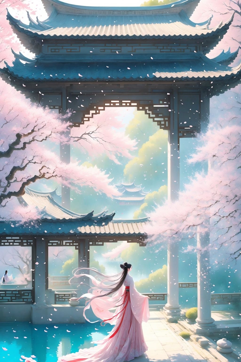  Best quality,8k,1girl, solo, long hair, tree, cherry blossoms, black hair, water, architecture, petals, hanfu, chinese clothes, outdoors, east asian architecture, ponytail, sparkle, standing, scenery, sky, wide sleeves, dress