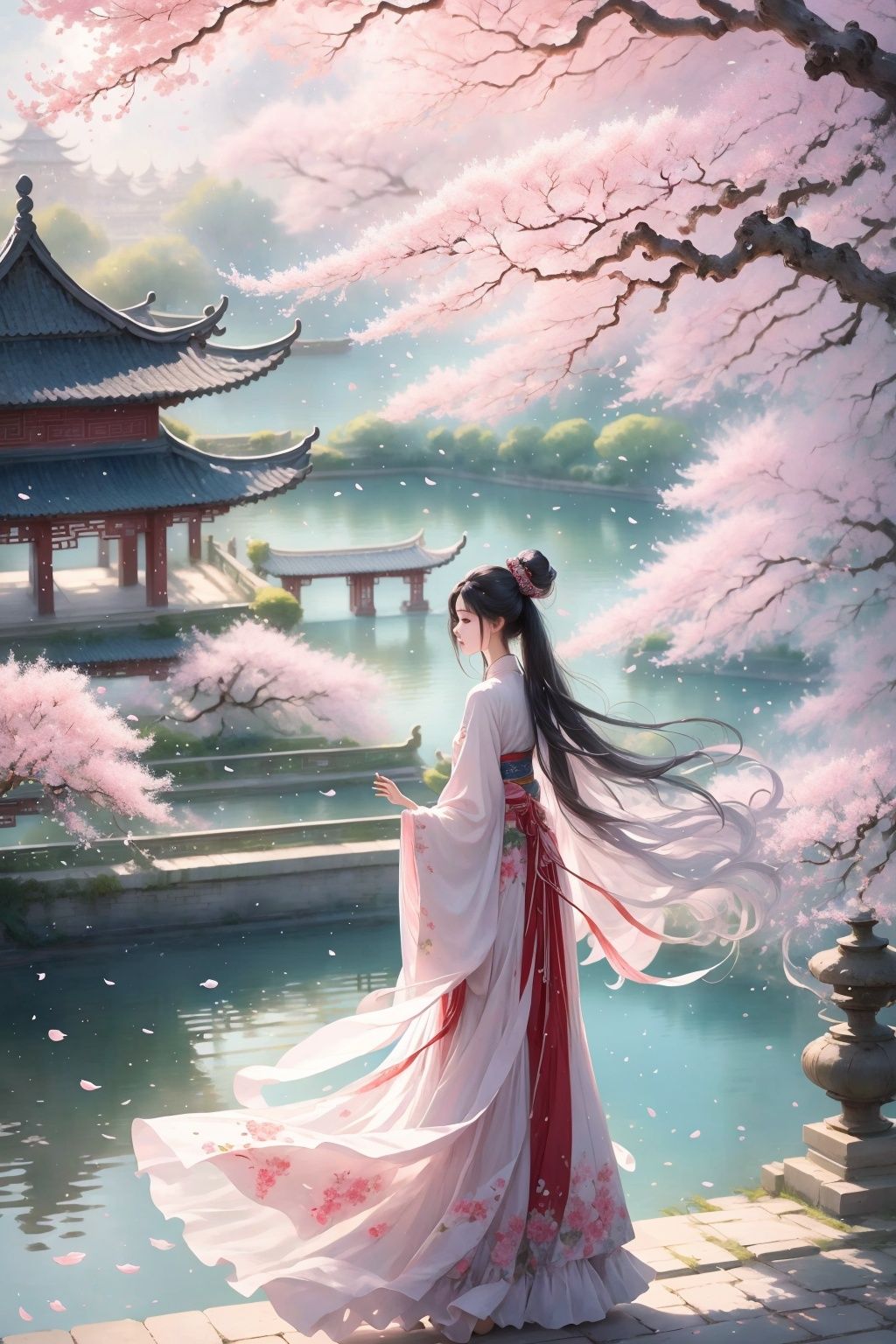  Best quality,8k,1girl, solo, long hair, tree, cherry blossoms, black hair, water, architecture, petals, hanfu, chinese clothes, outdoors, east asian architecture, ponytail, sparkle, standing, scenery, sky, wide sleeves, dress