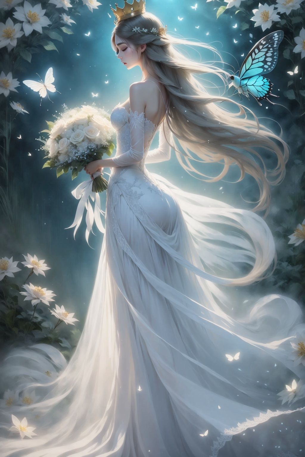  Best quality,8k,1girl, dress, flower, long hair, bug, butterfly, solo, bouquet, white dress, brown hair, holding, bare shoulders, standing, full body, crown, holding bouquet, tiara, closed eyes, from side, profile, holding flower