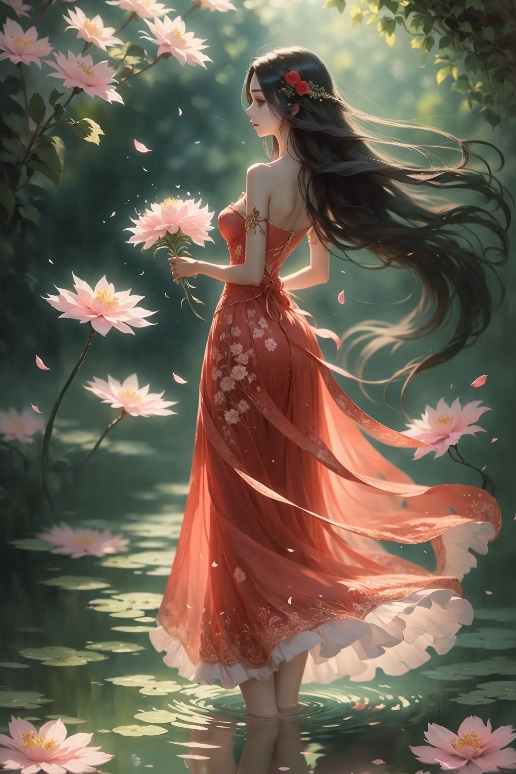  Best quality,8k,1girl, flower, solo, long hair, dress, black hair, bare shoulders, hair ornament, water, holding flower, holding, red dress, standing, petals, profile, hair flower, full body, ripples, back, backlighting