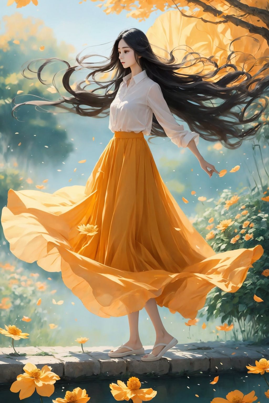  Best quality,8k,1girl, solo, long hair, black hair, orange skirt, skirt, long skirt, white shirt, shirt, outdoors, tree, standing, full body, orange flower, floating hair, wind