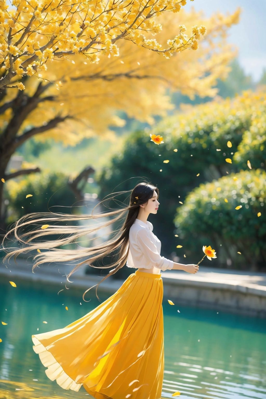  Best quality,8k,1girl, solo, long hair, black hair, orange skirt, skirt, long skirt, white shirt, shirt, outdoors, tree, standing, full body, orange flower, floating hair, wind