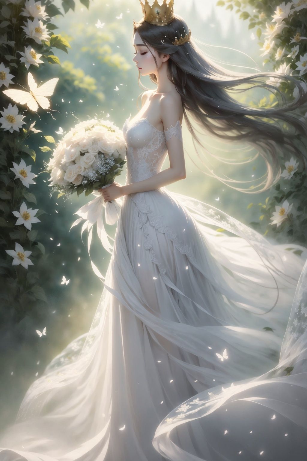  Best quality,8k,1girl, dress, flower, long hair, bug, butterfly, solo, bouquet, white dress, brown hair, holding, bare shoulders, standing, full body, crown, holding bouquet, tiara, closed eyes, from side, profile, holding flower