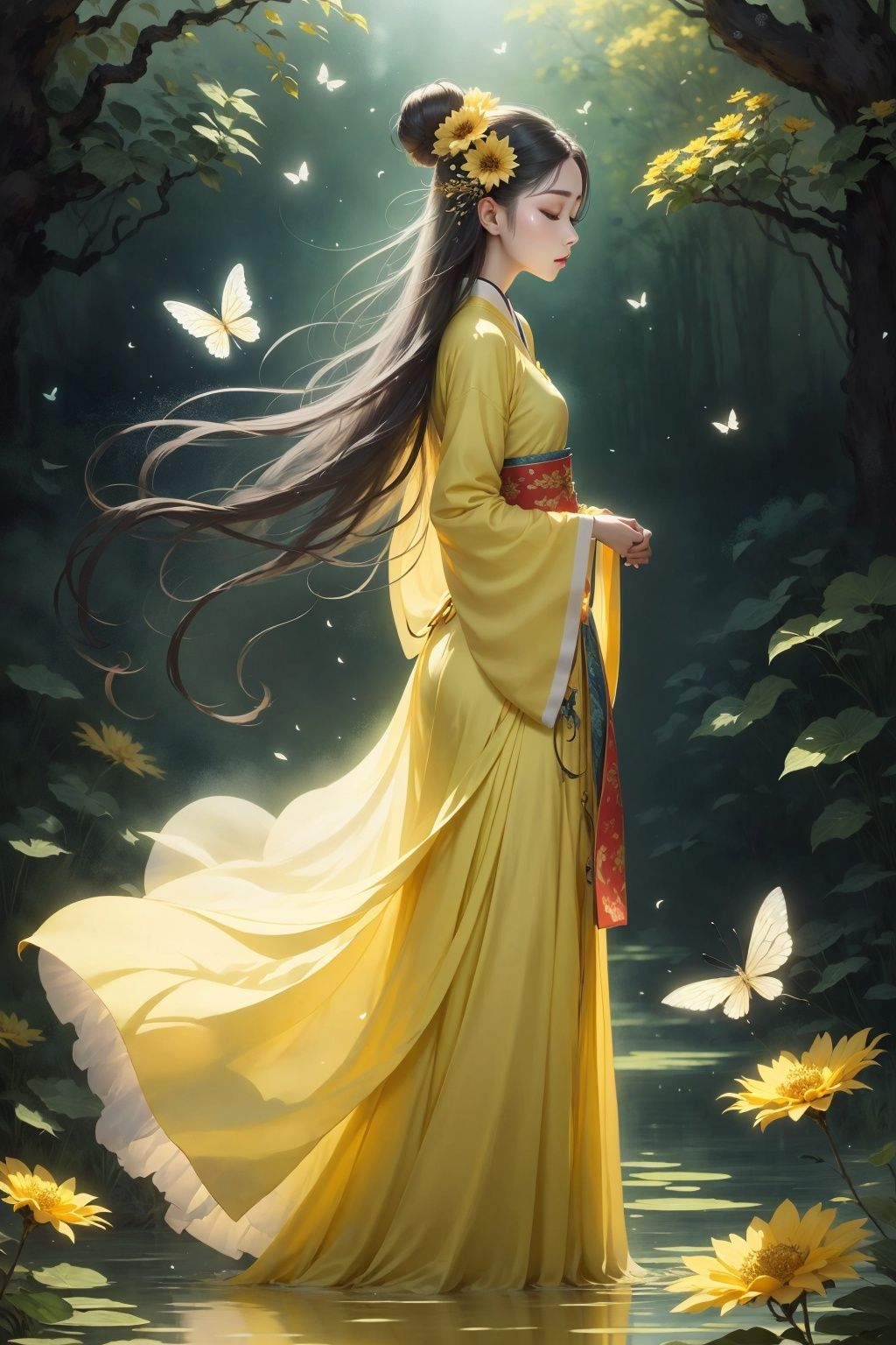  Best quality,8k,1girl, flower, solo, hair bun, chinese clothes, hair ornament, long hair, black hair, yellow dress, closed eyes, nature, wide sleeves, hanfu, dress, long sleeves, bug, standing, butterfly, yellow theme, from side, full body, single hair bun, hair flower